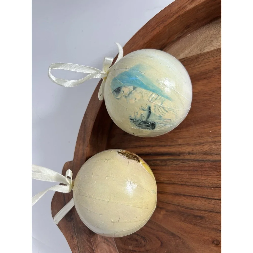 Vintage Peace On‎ Earth Ornament Set Baby Jesus Paper Decoupage- Estate Find